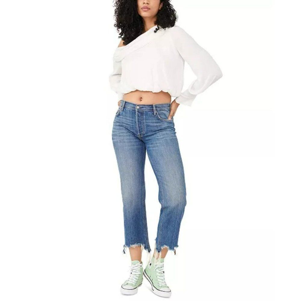Free People We‎ The Free 25 Women’s Maggie Mid-Rise Straight-Leg Jeans Fray Hem